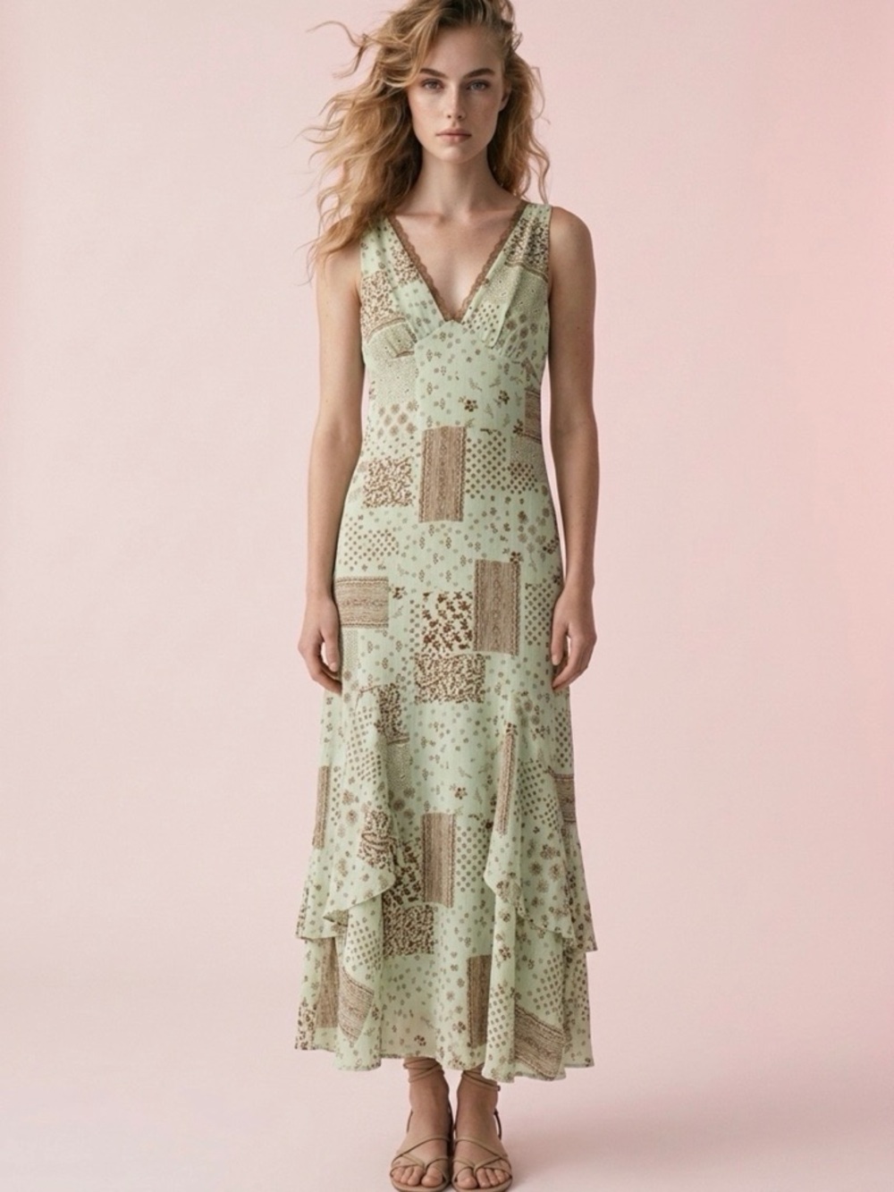 Kirious LA V-Neck Patchwork Sleeveless Maxi Dress in Pale Green in XS,Sm & Med